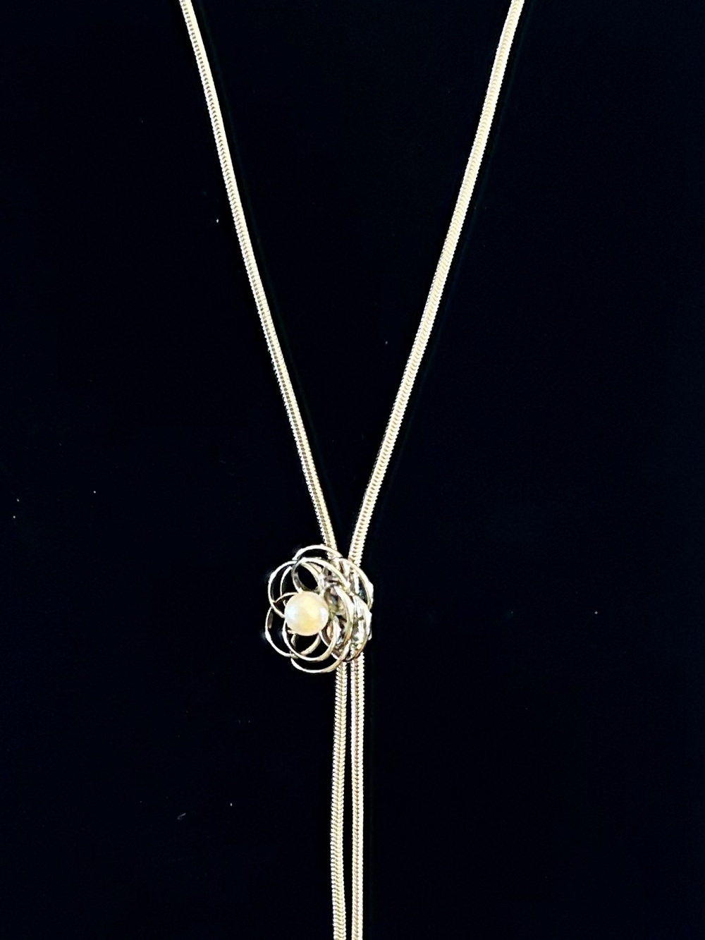 Silver Toned Slider Lariat Necklace with Pearl Accent